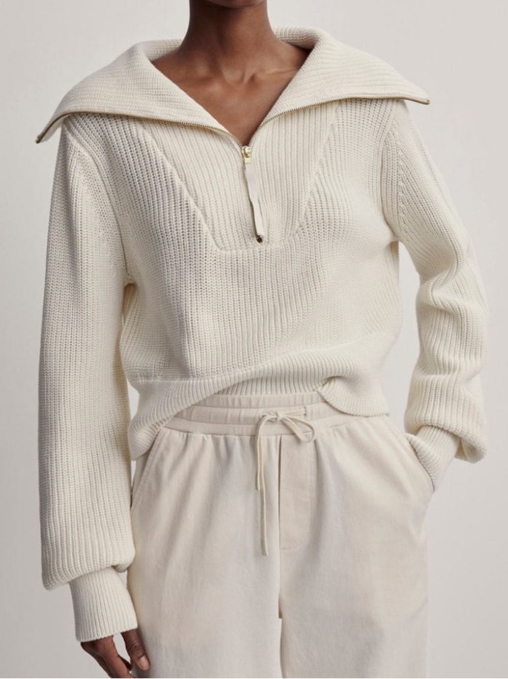 Varley Mentone Half-Zip Knit Pullover chunky Collar Casual Minimalist Ivory M